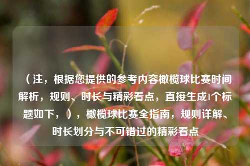 （注，根据您提供的参考内容橄榄球比赛时间解析，规则、时长与精彩看点，直接生成1个标题如下，），橄榄球比赛全指南，规则详解、时长划分与不可错过的精彩看点