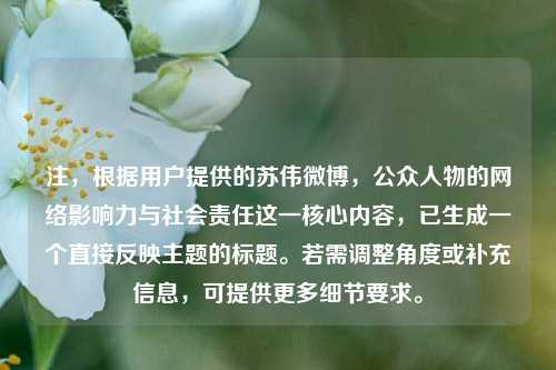 注,根据用户提供的苏伟微博,公众人物的网络影响力与社会责任这一核心内容,已生成一个直接反映主题的标题。若需调整角度或补充信息,可提供更多细节要求。