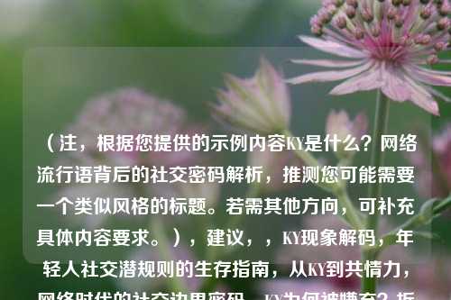 (注,根据您提供的示例内容KY是什么?网络流行语背后的社交密码解析,推测您可能需要一个类似风格的标题。若需其他方向,可补充具体内容要求。),建议,,KY现象解码,年轻人社交潜规则的生存指南,从KY到共情力,网络时代的社交边界密码,KY为何被嫌弃?拆解当代社交中的隐形雷区,(请提供具体内容或方向,我将为您精准定制标题)