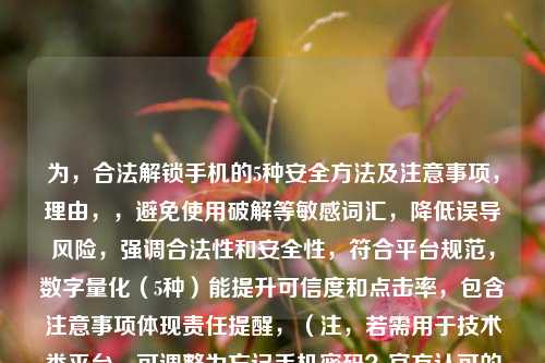 为,合法解锁手机的5种安全方法及注意事项,理由,,避免使用破解等敏感词汇,降低误导风险,强调合法性和安全性,符合平台规范,数字量化(5种)能提升可信度和点击率,包含注意事项体现责任提醒,(注,若需用于技术类平台,可调整为忘记手机密码?官方认可的解锁方案全指南)
